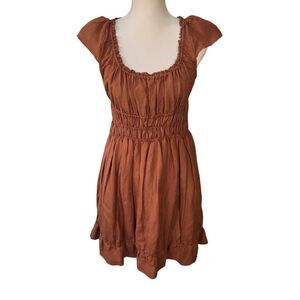 Anthropologie Smocked Waist Linen Blend Mini Dress Brown Size Large